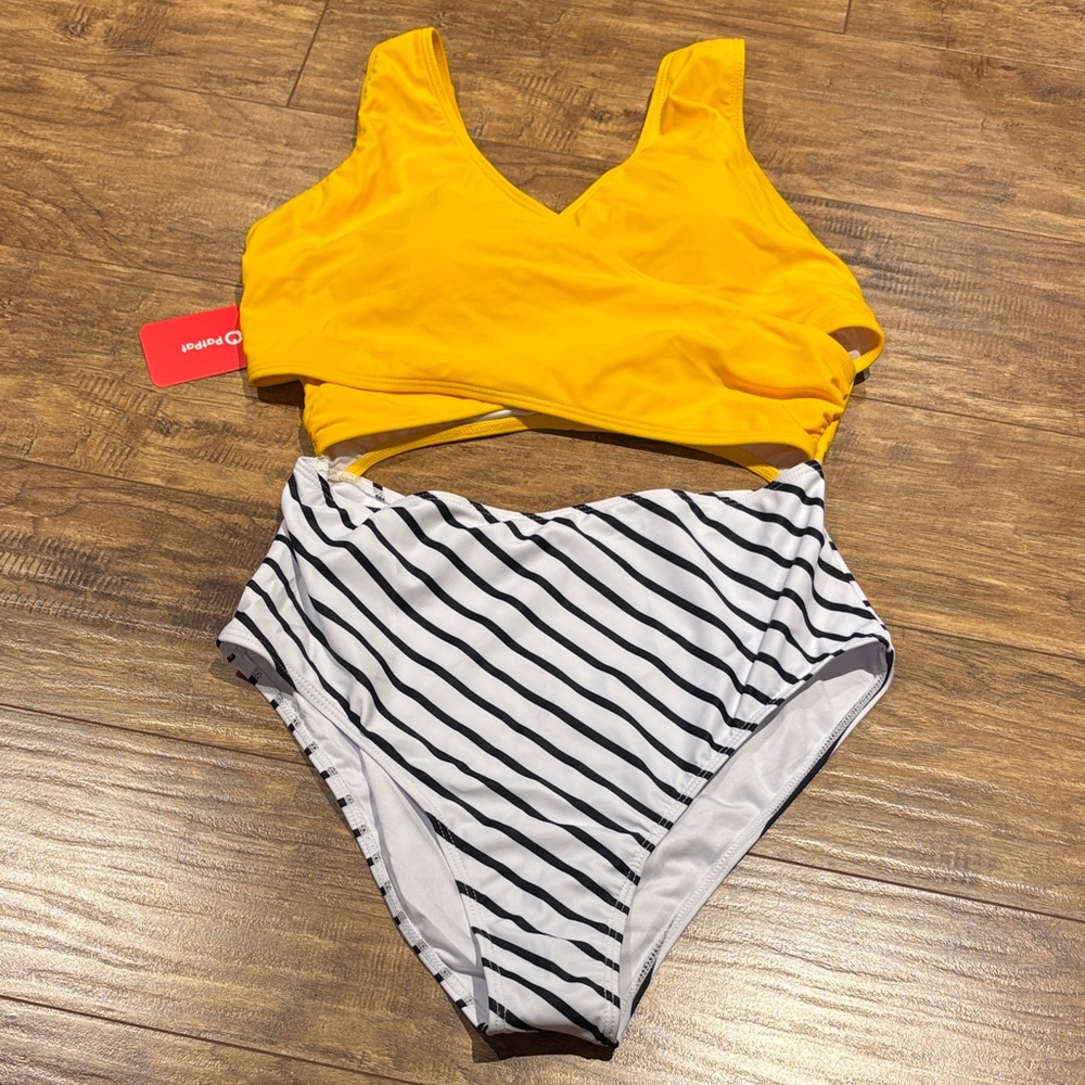 PatPat Yellow and Black & white Striped One Piece Swimsuit